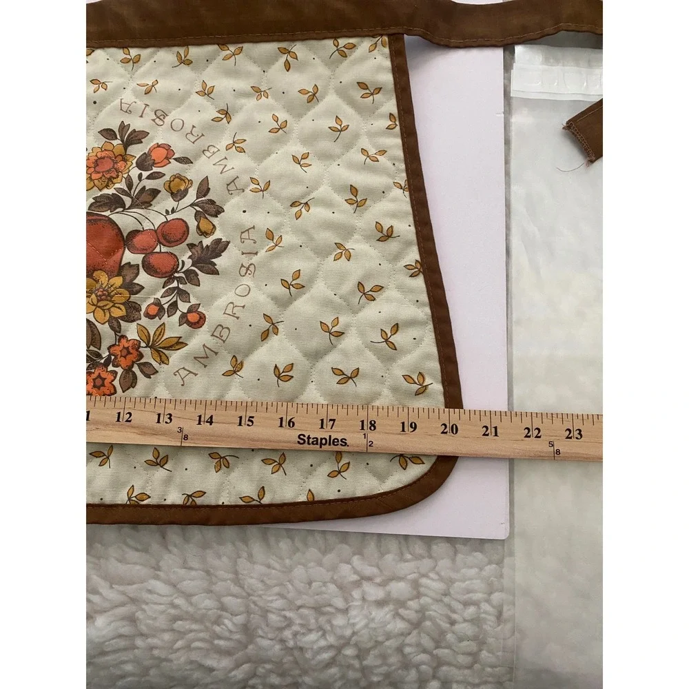 Vintage‎ Ambrosia Quilted Half Apron Brown Cream Floral Fruit Retro 70s Kitchen